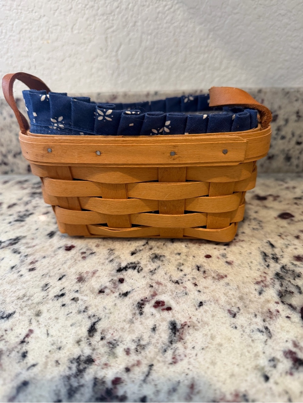 Longaberger Navy and Brown Woven Basket with Floral Liner